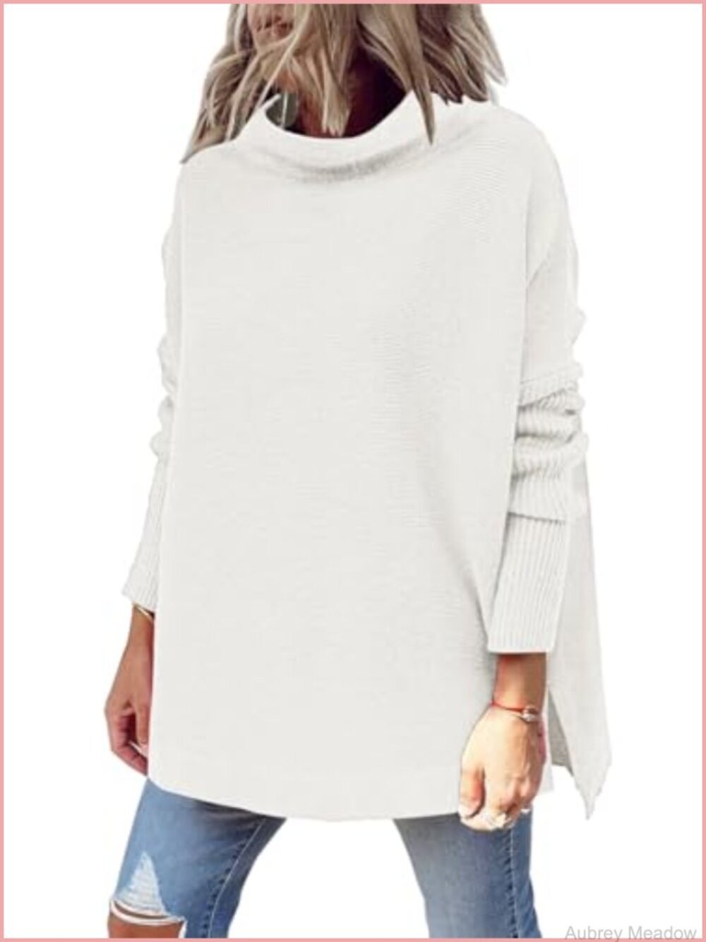 Mock Turtleneck Oversized Long Tunic Sweater Split Hem Pullover